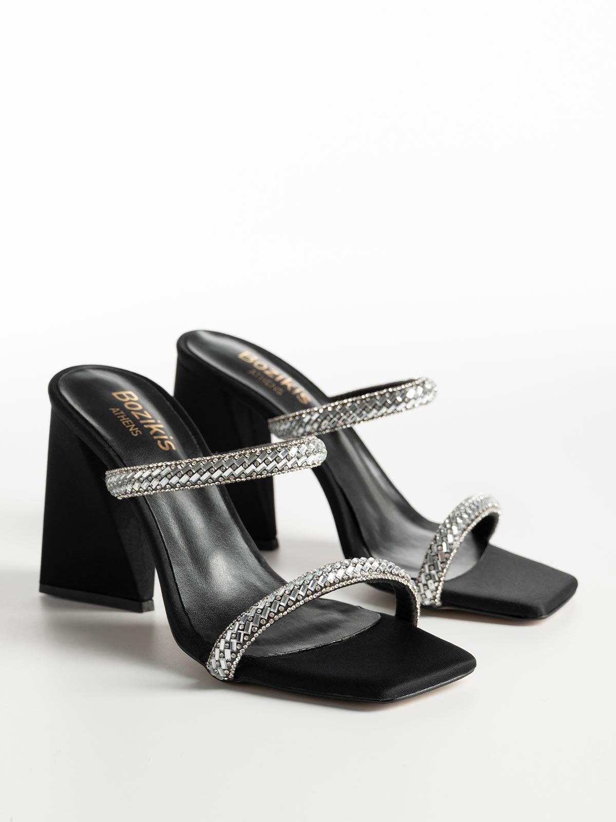 Mules BOZIKIS με strass λουράκια & χοντρό τακούνι