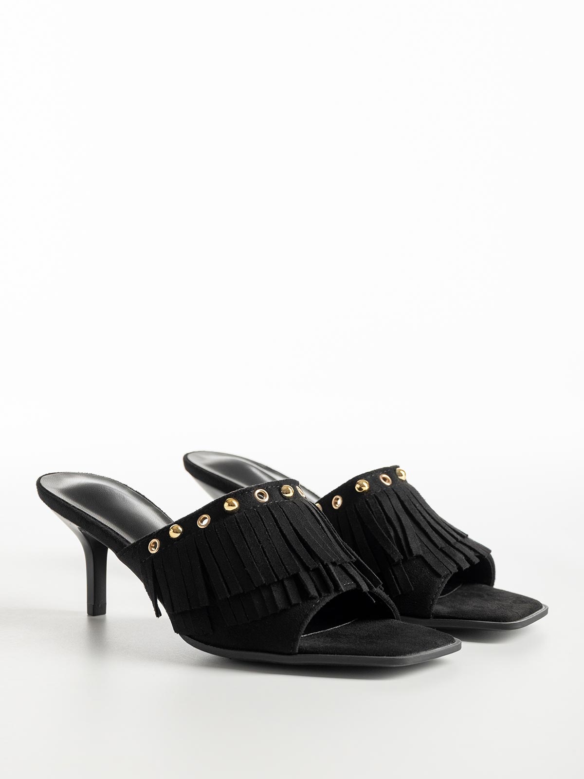 Mules suede με φάσα με κρόσια & λεπτό τακούνι