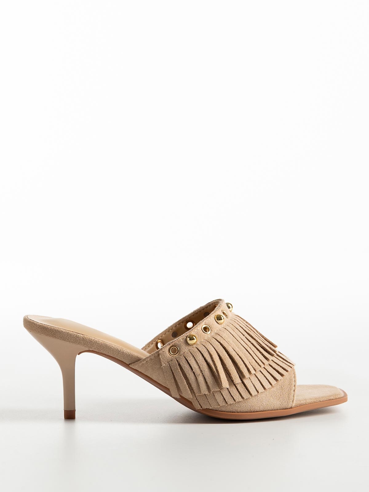 Mules suede με φάσα με κρόσια & λεπτό τακούνι
