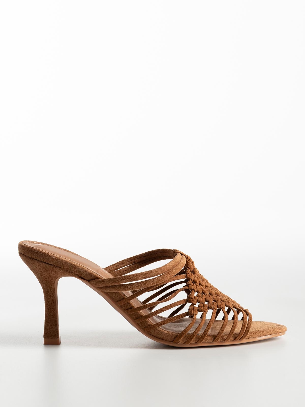 Mules suede με πλεκτά λουράκια & λεπτό τακούνι