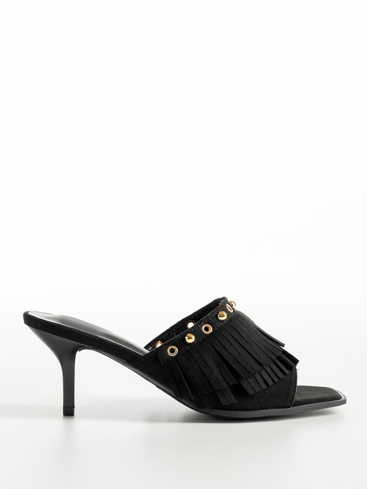 Mules suede με φάσα με κρόσια & λεπτό τακούνι