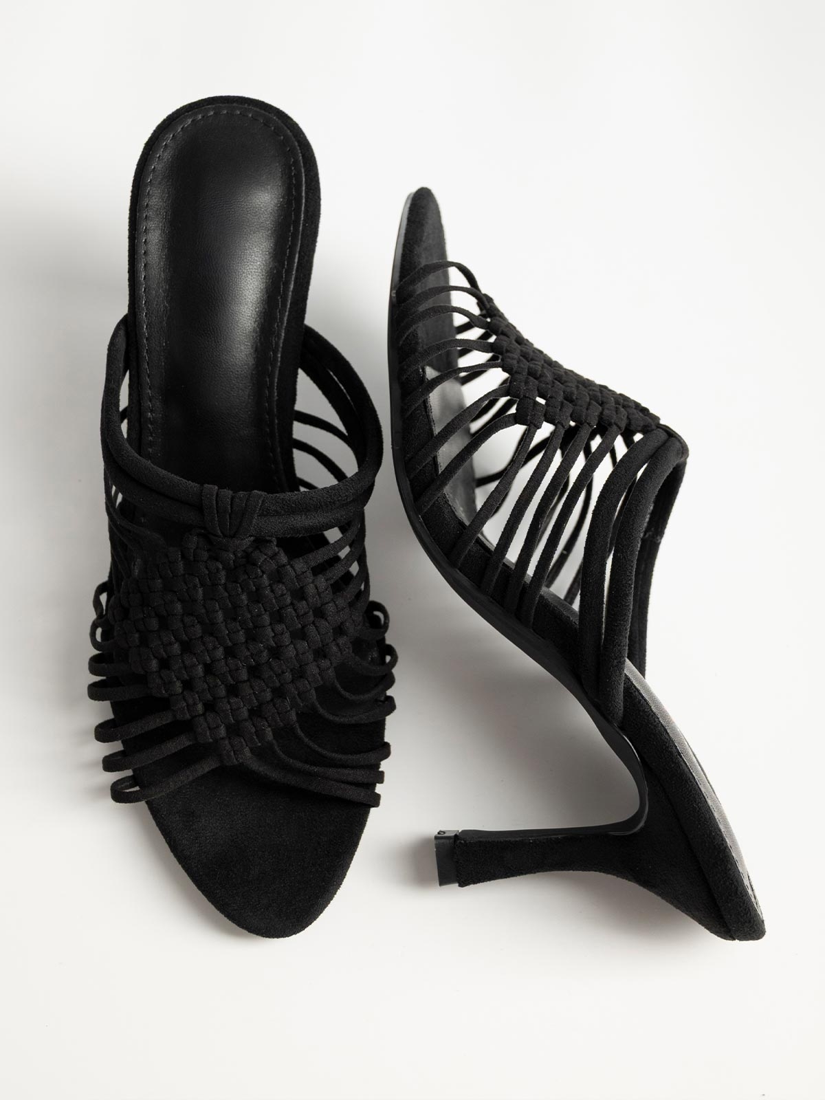 Mules suede με πλεκτά λουράκια & λεπτό τακούνι