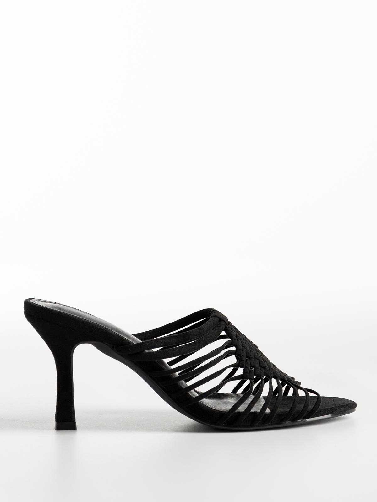 Mules suede με πλεκτά λουράκια & λεπτό τακούνι