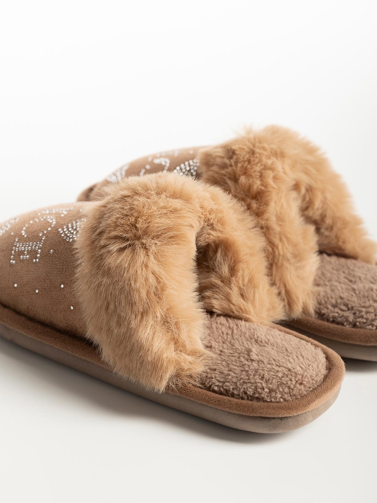 Γυναικείες παντόφλες suede με γούνα & στρας
