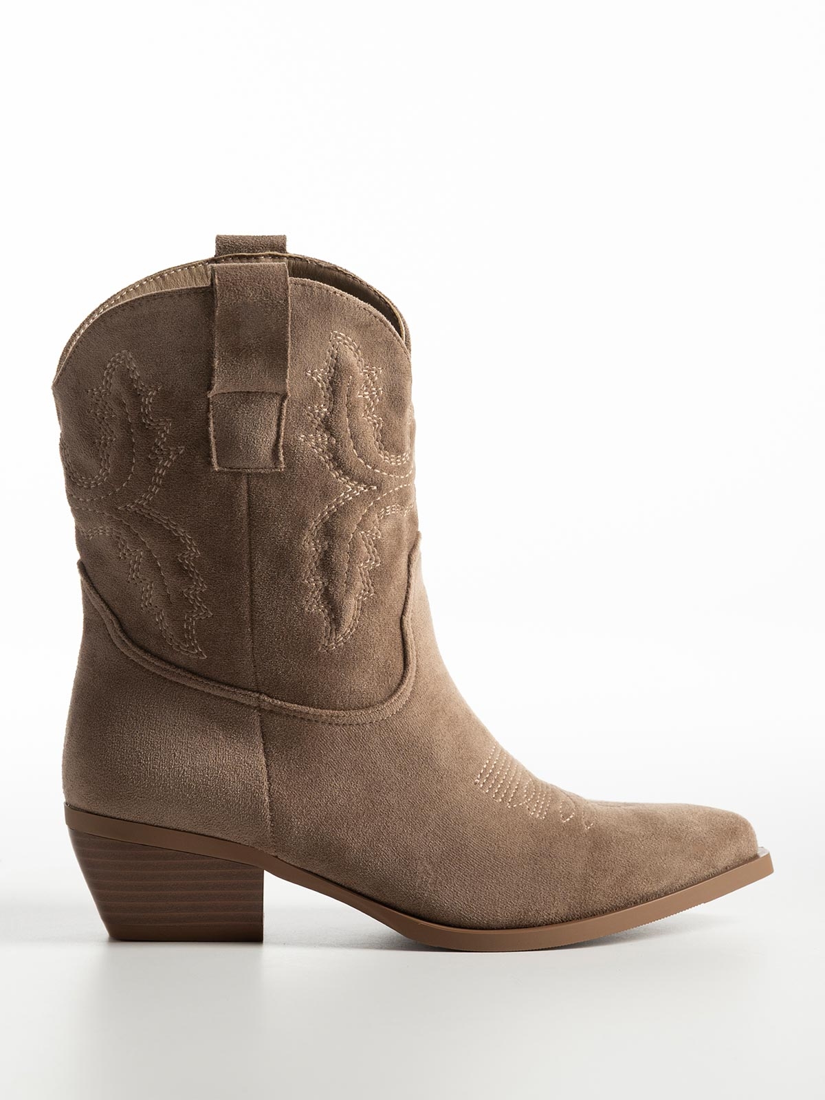 Μυτερό suede cowboy μποτάκι με χοντρό τακούνι