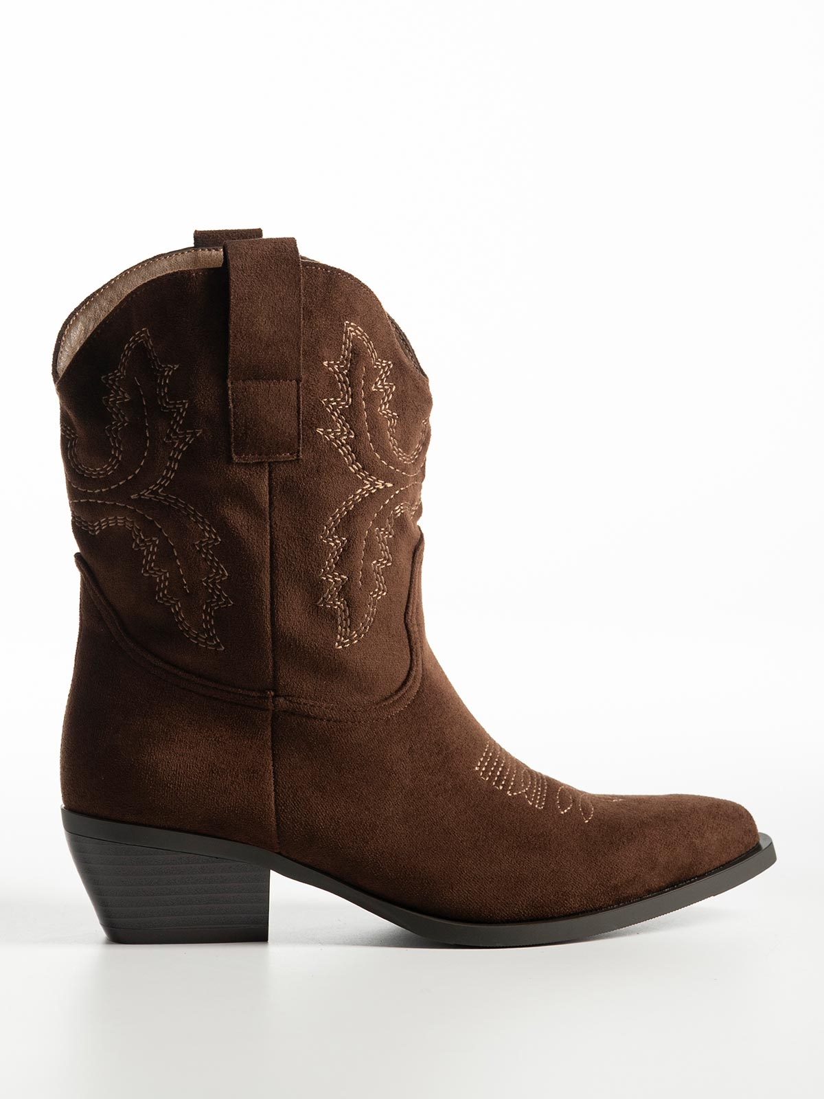 Μυτερό suede cowboy μποτάκι με χοντρό τακούνι